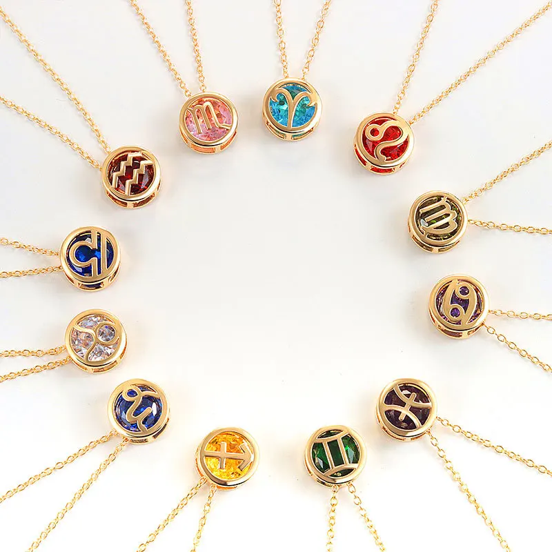 

Retro Double-sided Hollowed 12 Constellation Pendant Necklaces for Women Crystal Rhinestones Month Birthstone Choker Zodiac Sign