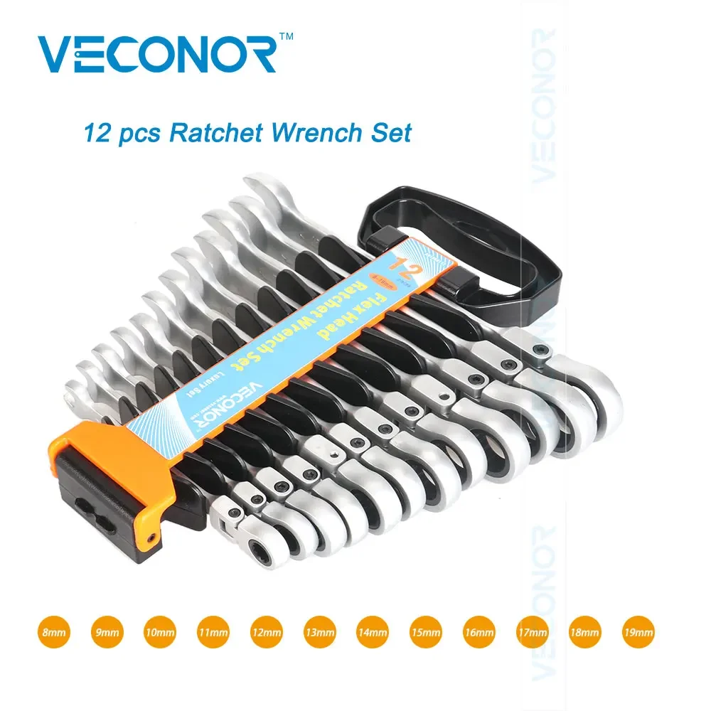 12-Piece Ratchet Wrench Set of Keys 8-19mm sizes 72-Tooth Ratchet Flexible Head Hand Tool