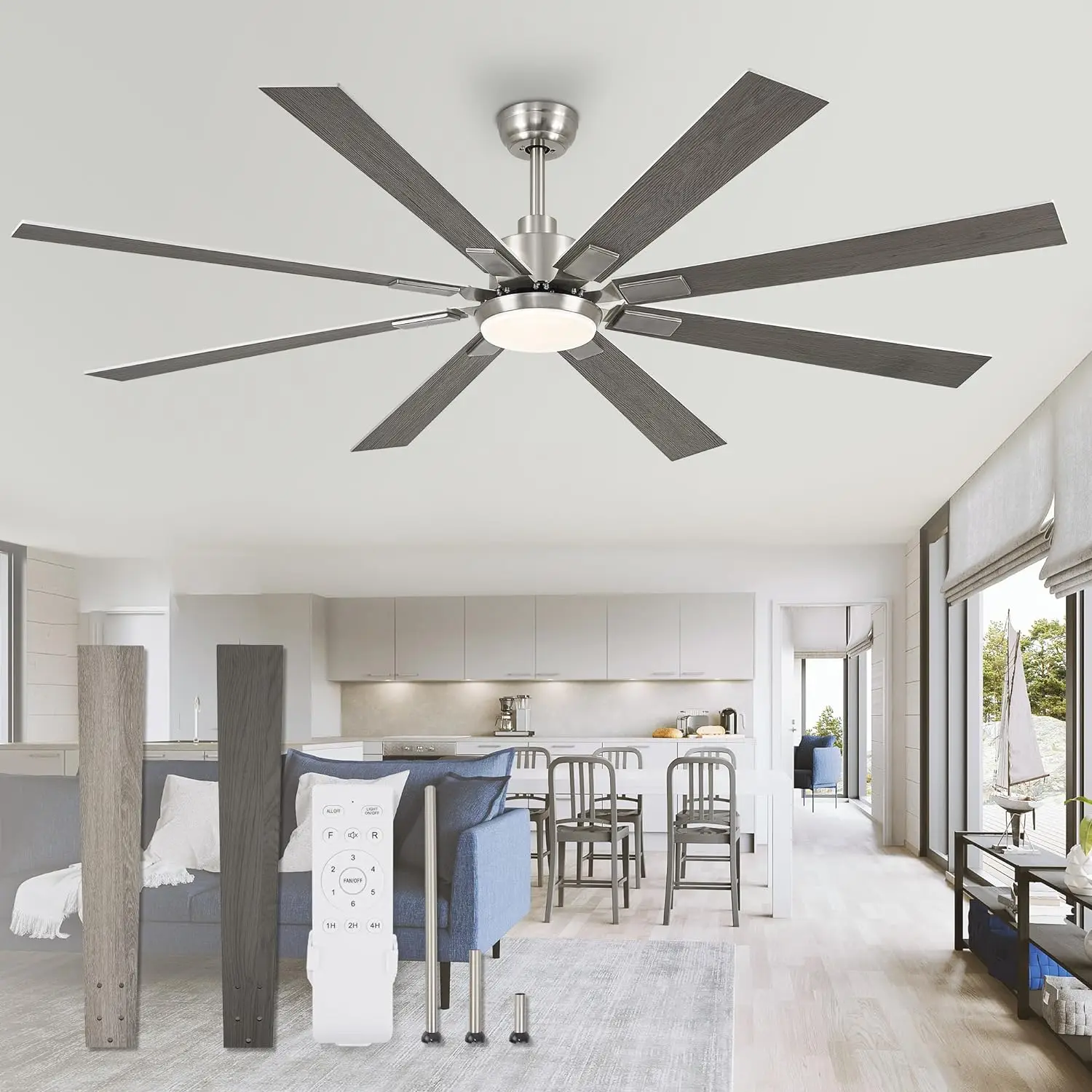 

72 inch modern ceiling fan with lights and remote control, 6-speed reversible silent DC motor, 3 CCT, double faced blades