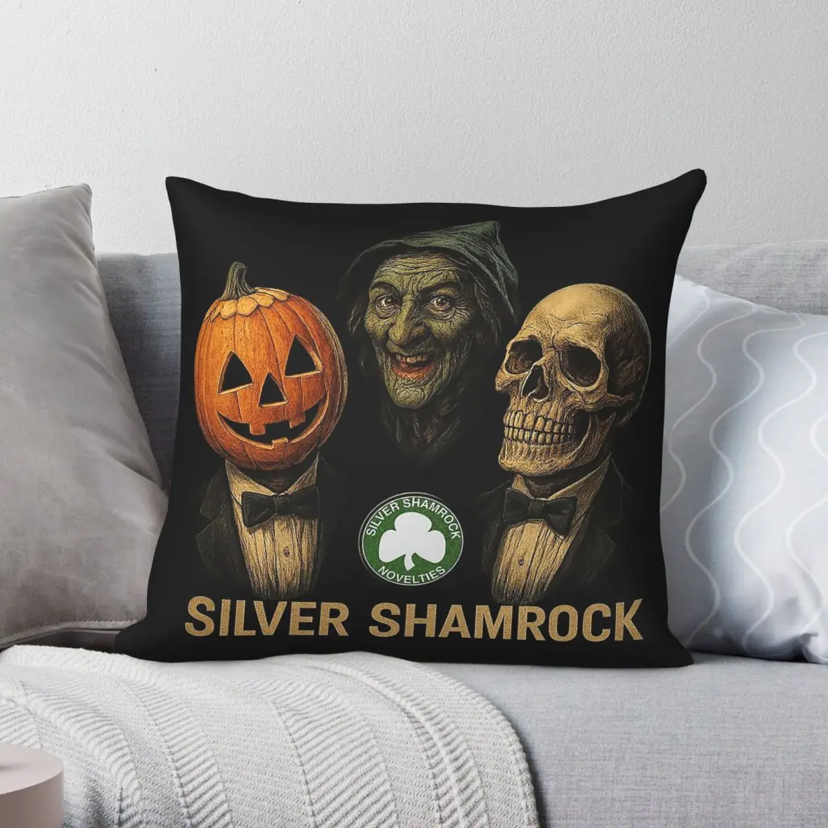 Silver Shamrock Halloween Movie Square Pillowcase Polyester Linen Velvet Creative Zip Decor Pillow Case Bed Cushion Cover