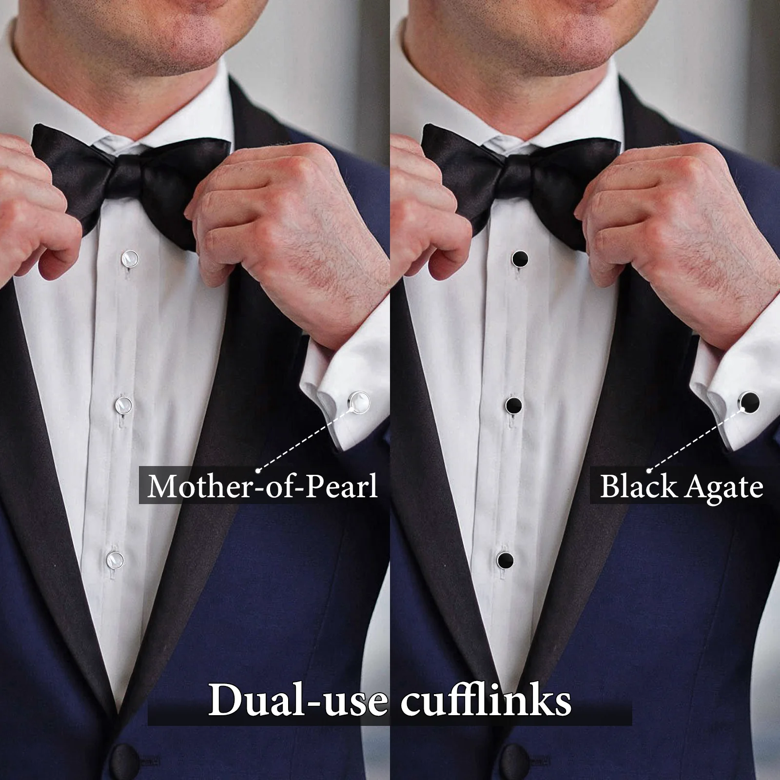 HAWSON Double sided Black Agate and Mother-of-Pearl Tuxedo Shirt Button and Cufflink Set,Specially Designed for Wedding Business