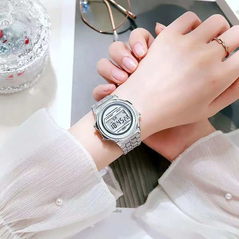 Women Casual LED Electronic Watch Retro Stainless Steel Men Women Unisex LED Digital Watch Multifunction Waterproof Wristwatch