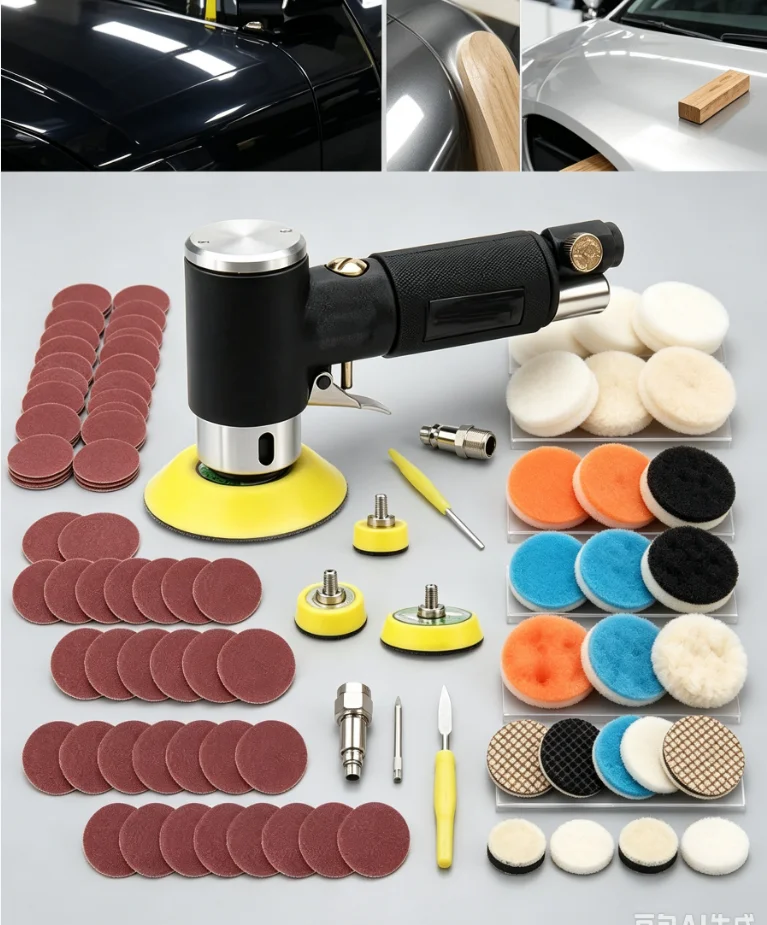 Air Sander Car Polisher Sanding Machine Pneumatic Polishing Grinder With 1/2/3 Inch Polishing Pad Sponge Disc Set