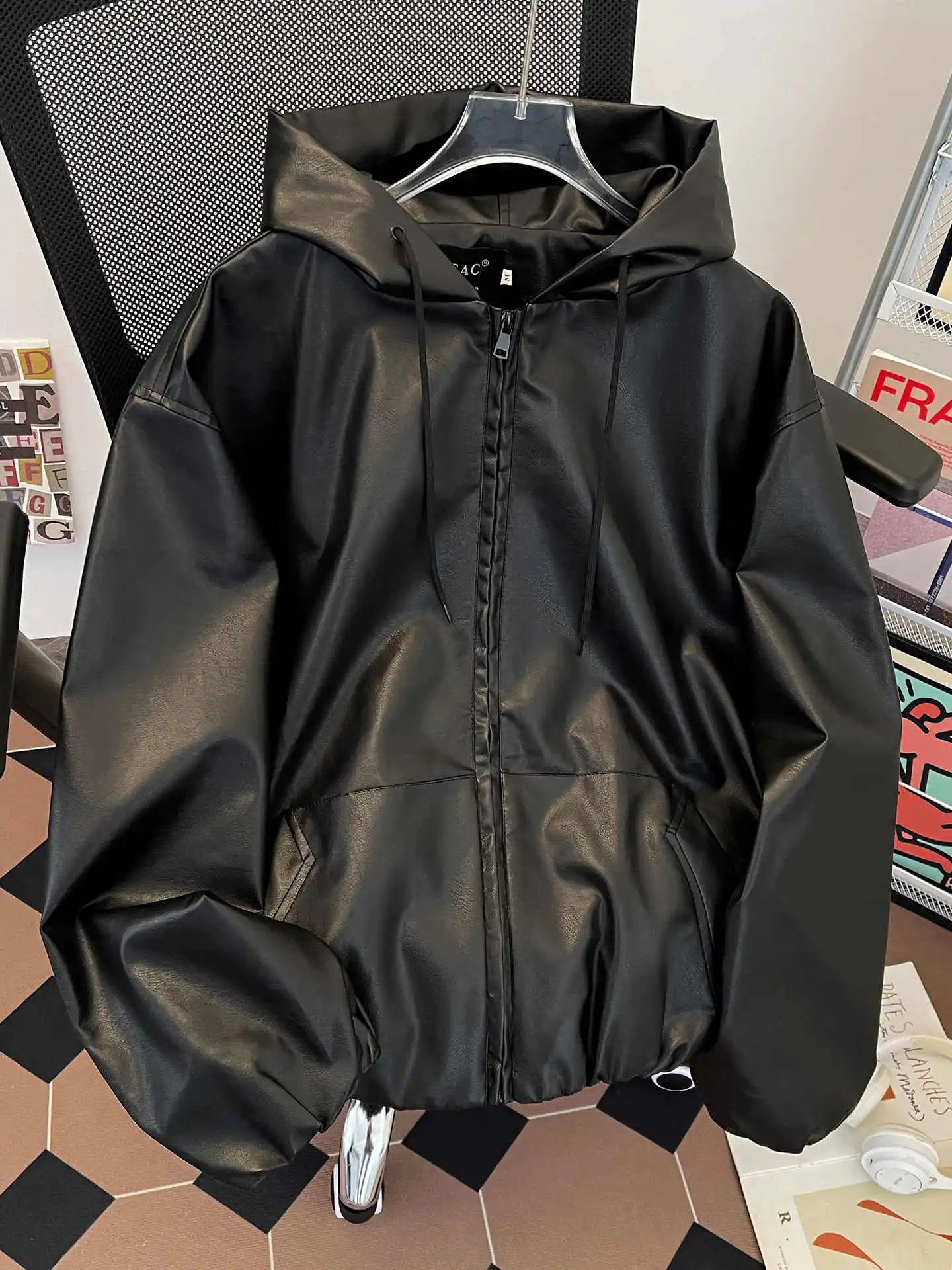 

Женская черная готическая толстовка с капюшоном, кожаная куртка, винтажная подростковая куртка Y2k, верхняя одежда оверсайз Mustang, одежда 2000-х годов, осень 2025 г.