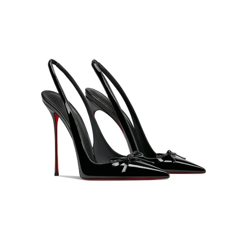 New bow, black patent leather, sexy and non tiring, paired with a skirt, pointed and slim heels, high heels for women