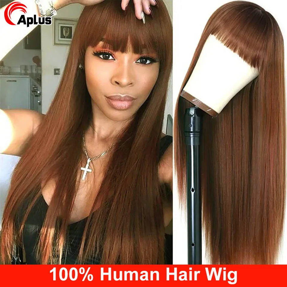 13x4 Lace Frontal Human Hair with Bangs Chocolate Brown Fringe Straight Honey Blonde Colored Lace Frontal Wigs for Women On Sale