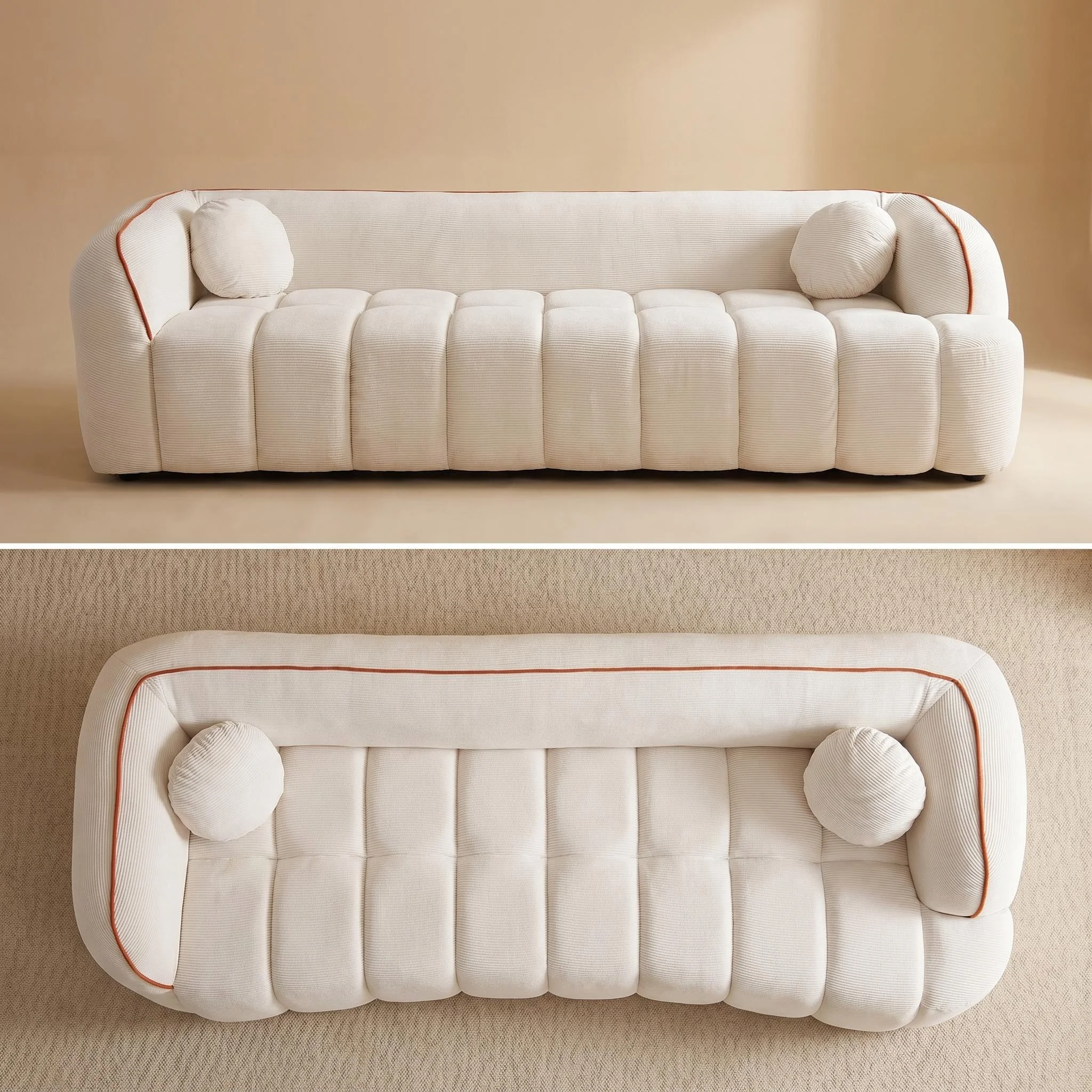 98.4" Modern Compressed Sofa, Cloud Couch 3-Seater Corduroy Sofa with 2 Pillows, No Assembly Required Bubble Channel Tufted Couch for Living Room Apartment, White