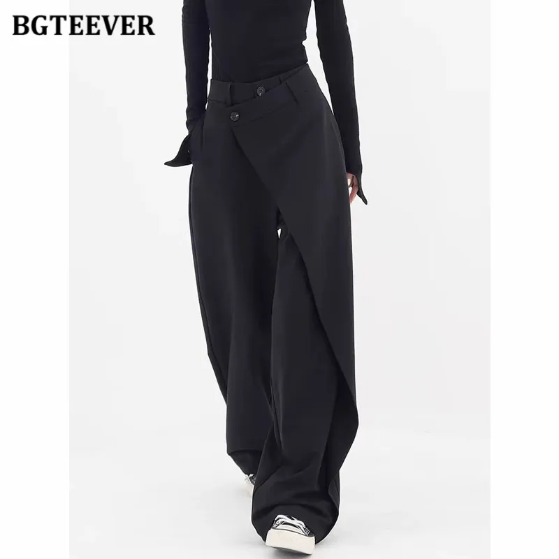 

BGTEEVER Stylish High Waist Loose Female Suit Pants Pockets Irregular Wide Leg Trousers for Women