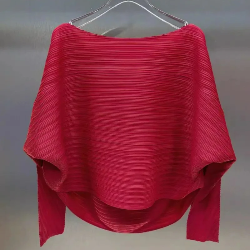 

Miyake Pleated Round Neck Top Women Spring Summer New Casual Solid Color Temperament Long-sleeved Cardigan 2025 Thin T-shirt