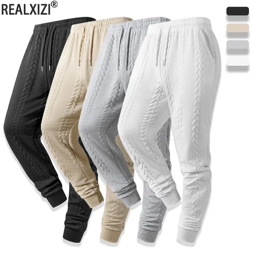 Imagen 1 del producto Pantalones informales con textura para hombre, pantalones de chándal tejidos de Jacquard con textura geométrica, cordón en la cintura, pantalones deportivos cálidos para primavera y otoño