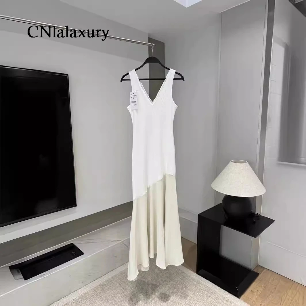 CNlalaxury Women Sexy Sleeveless Dress 2024 Summer White Streetwear Elegant Tank V Neck Dresses Casual Party Robe Vestidos