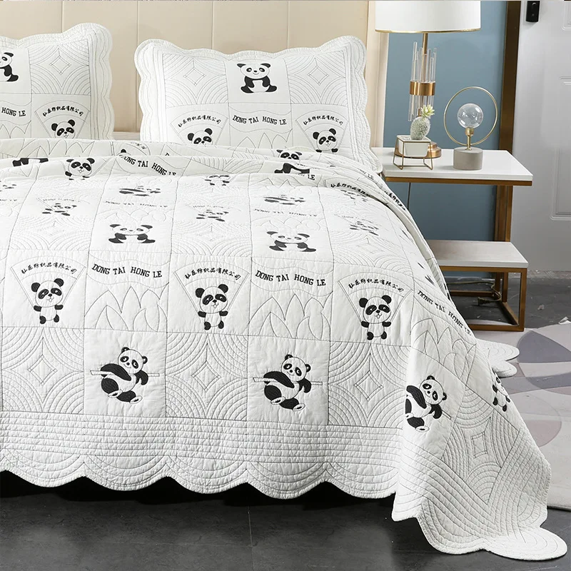 Panda Cartoon Bedspread on the Bed, Plaid French Bed Cover, Mattress Topper Linen Set, Coverlet for Double Sheets, 100% Cotton