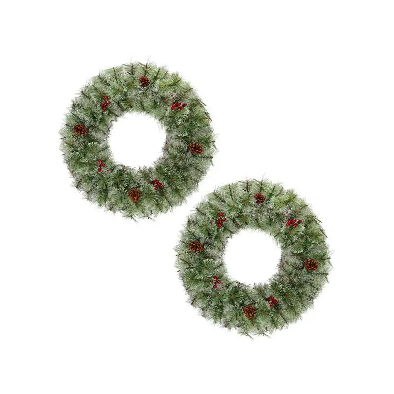 

2 упаковки рождественского венок с предварительной подсветкой, 24 дюйма, искусственный рождественский венок с подсветкой и 100 теплыми огнями, 150 советов, красные ягоды, сосновые шишки