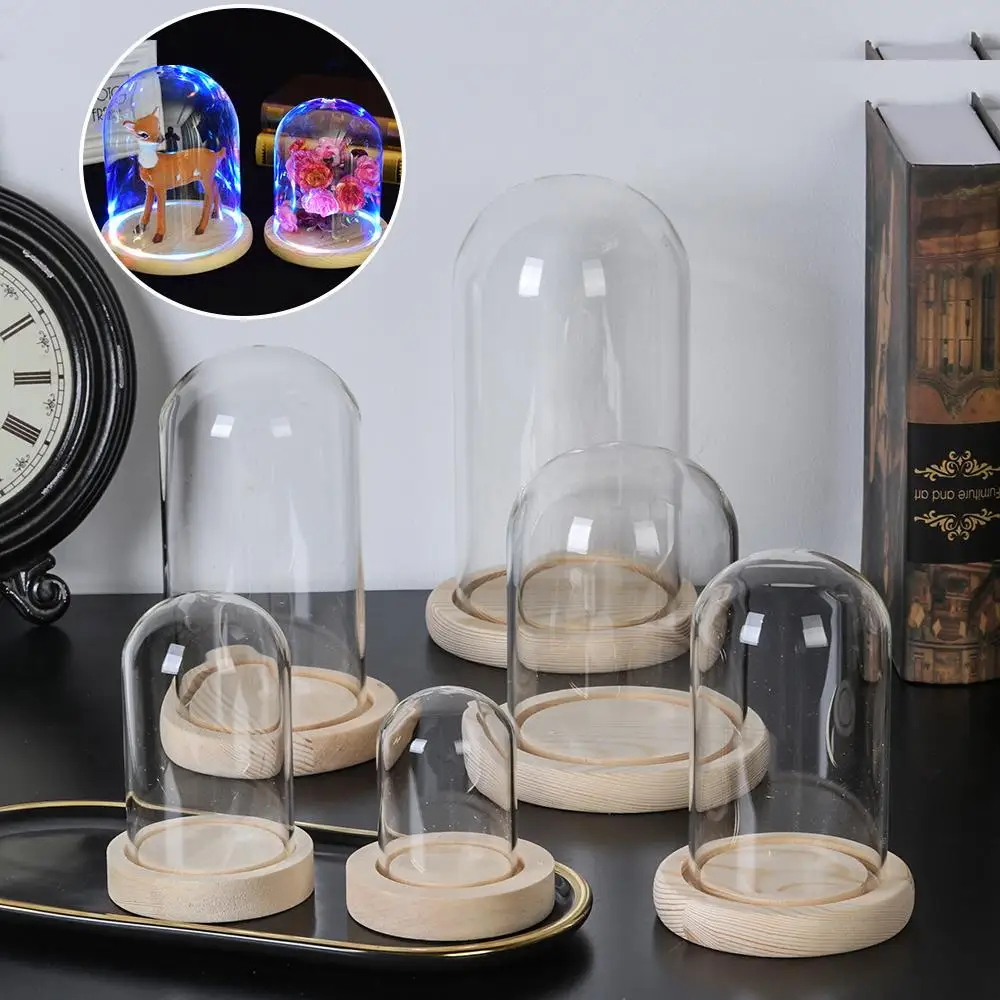 Glass Cloche Jar Display Stand Cover with Wooden Base Terrarium Bottle Acrylic Dust Cover Display Box Immortal Flower Box