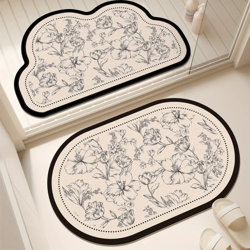 VIKAMA Black and White Floral Cloud Doormat Minimalist Lines Artistic Hallway Bedroom Mat Non-Slip Stain-Resistant Home Decor