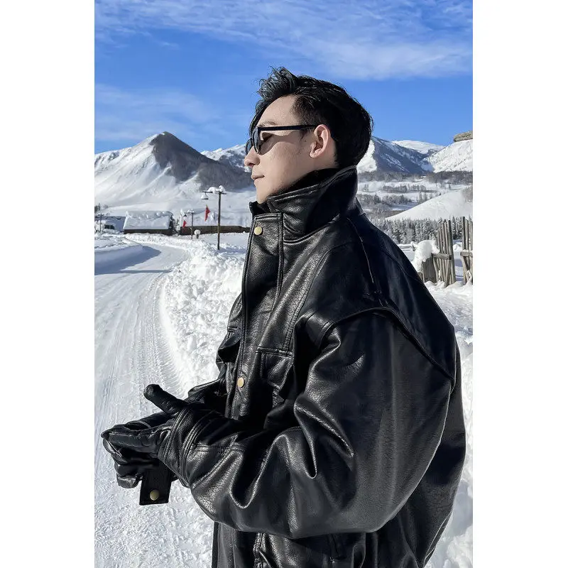 

Мужская кожаная куртка с хлопковой подкладкой, повседневная уличная одежда, весна-осень-зима, универсальная модная молодежная полиэстеровая одежда...