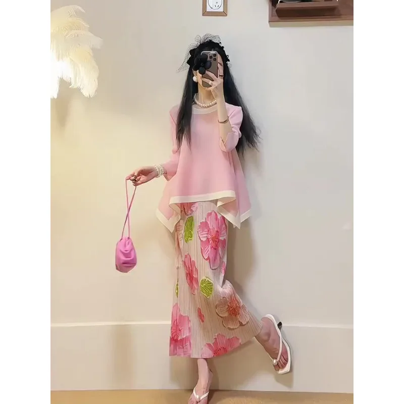 Women's Suit French Fashion Spring Summer Mini Fragrance Premium Sense Prints Irregular Pink Half-body Dress Two-piece Suit