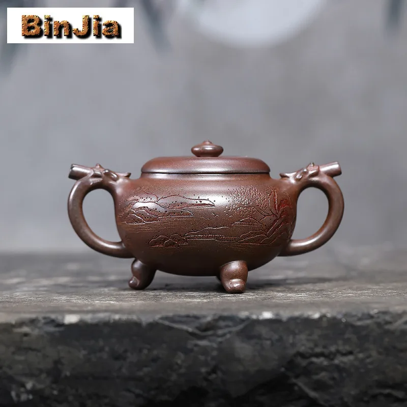 

300ml Yixing Purple Clay Teapots Handmade Tripodia Pot Raw Ore Wood-fired Porcelain Mud Kettle With Strainer Zisha Tea Set Gift