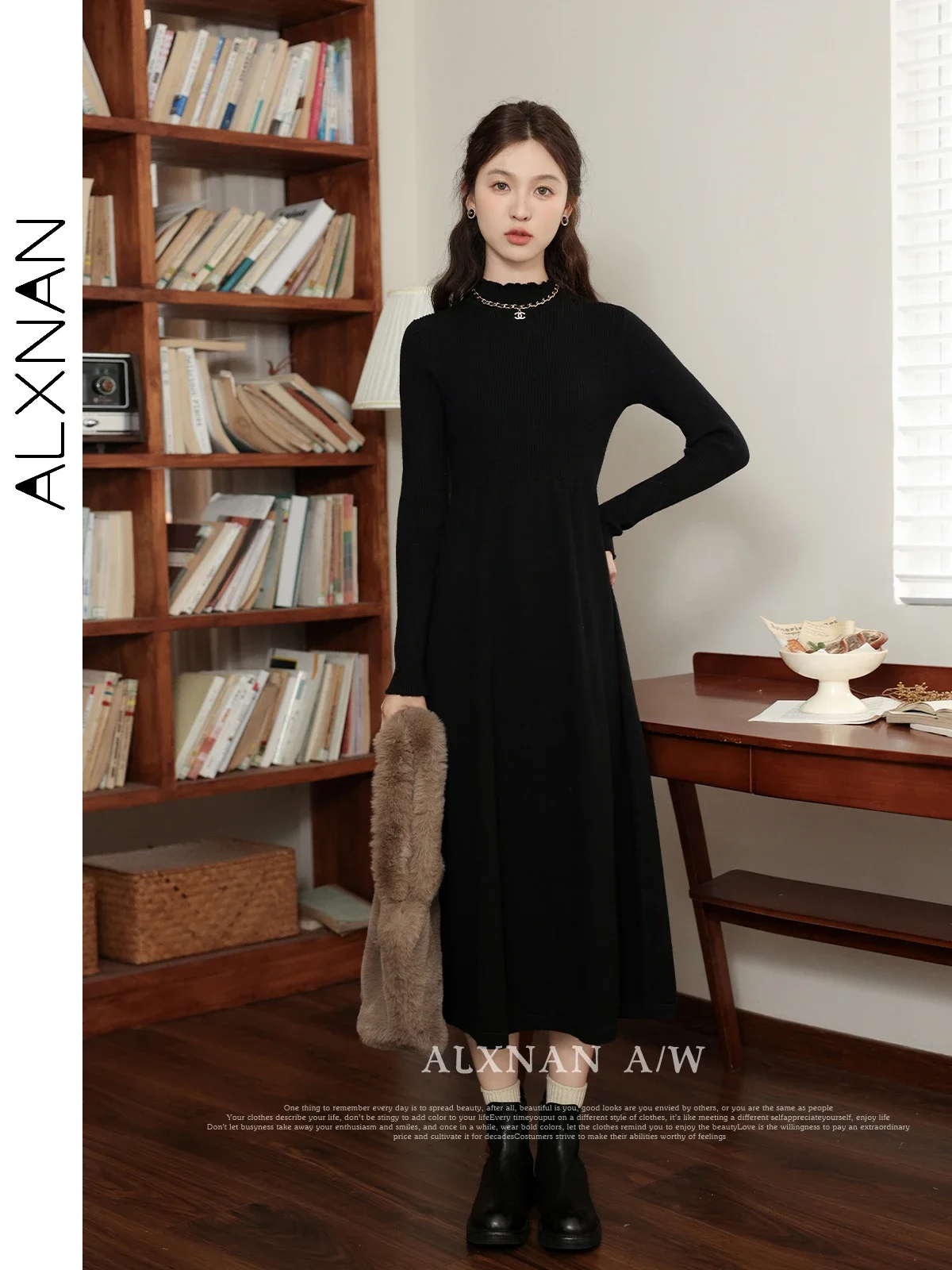 

ALXNAN Knitted Long Sleeve Dress for Women 2024 Spring Autumn A-line Midi Solid Elegant Petal Collar Bottoming Dresses LXN32339