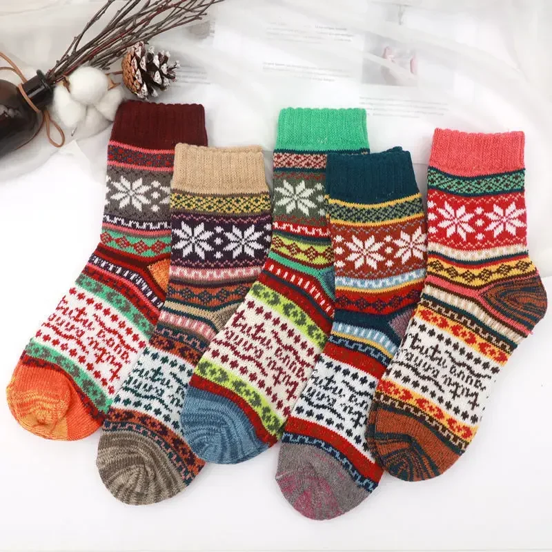 5 Pairs/ Lot Pack Women Socks Autumn Winter Snow Thickened Thermal Warm Folk-custom Retro Nordic Style Wool Socks Christmas Gift