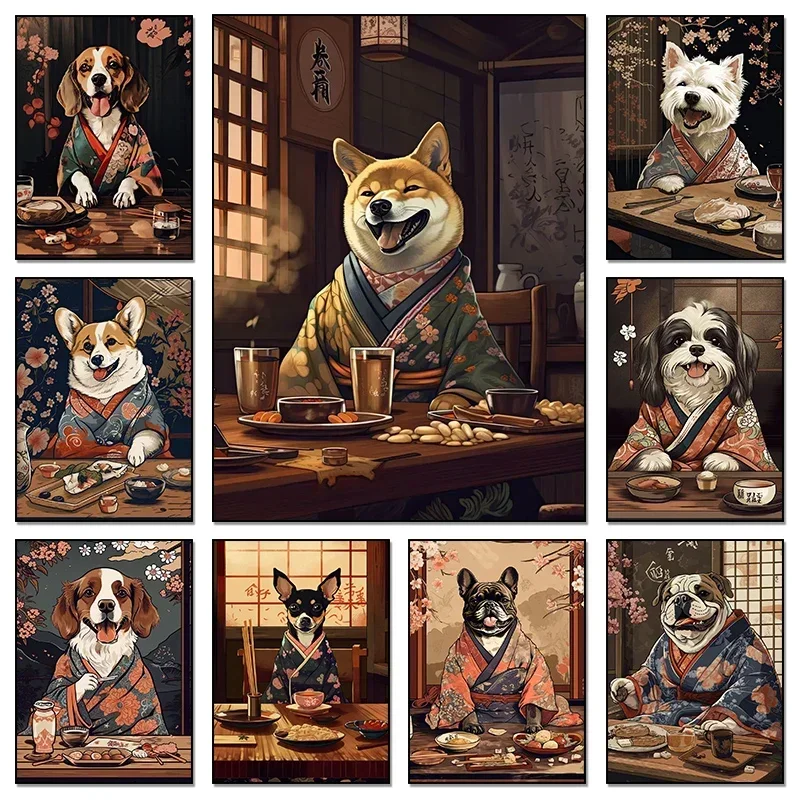 Retro Japan Shiba Inu Dog Eating Japanese Food Poster Prints Canvas Painting Pet Wall Art Picture Kitchen Dining Room Home De