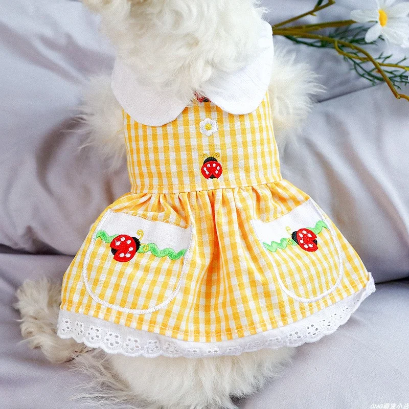 1PC Pet Clothes Spring/Summer Thin Yellow Checkered Ladybug Skirt Suitable for Small and Medium sized Dogs