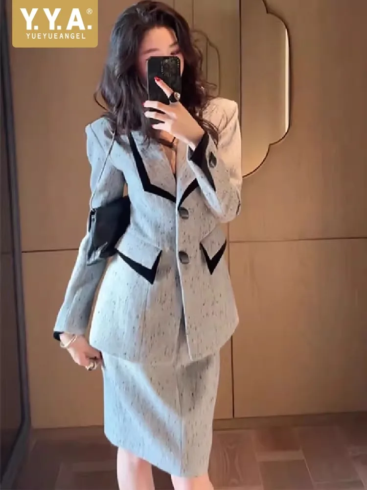 

Office Ladies Gray Blazers Sets Long Sleeve Slim Fit Workplace Suit Two-Piece Set High Waist Knee Length Skirt Outfits Hot Sale