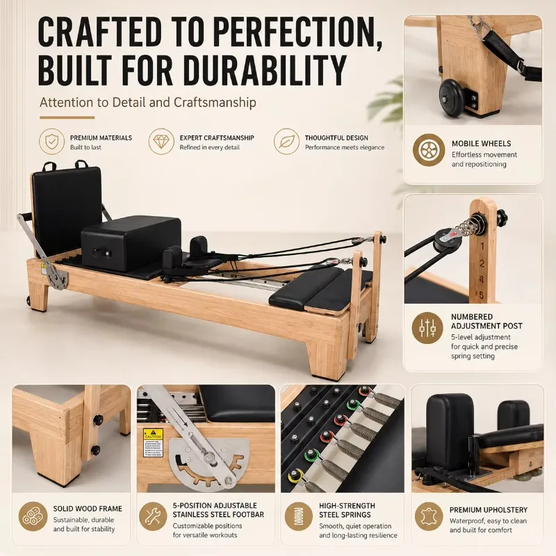 YTYIN Custom Color Low MOQ Solid Maple Wood Pilates Reformer Pilates Equipment Machine For Home Gym Pilates Studio Use