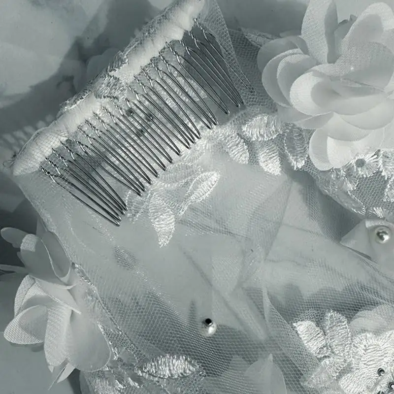 39BD Photo Use Headpiece for Bridal Wear, Soft Tulle Wedding Hair Drape with 3D Flower Trim and Gentle for Portraits