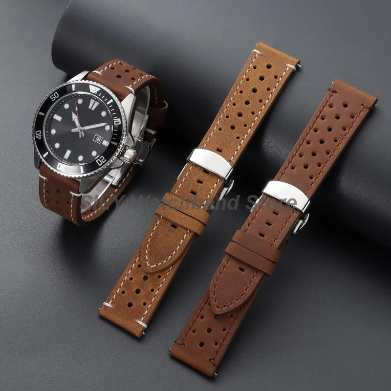 Vintage Handmade Leather Watch Band 18/19/20/21/22/24mm Quick Release Breathable Strap Replacement Band Butterfly Clasp Bracelet
