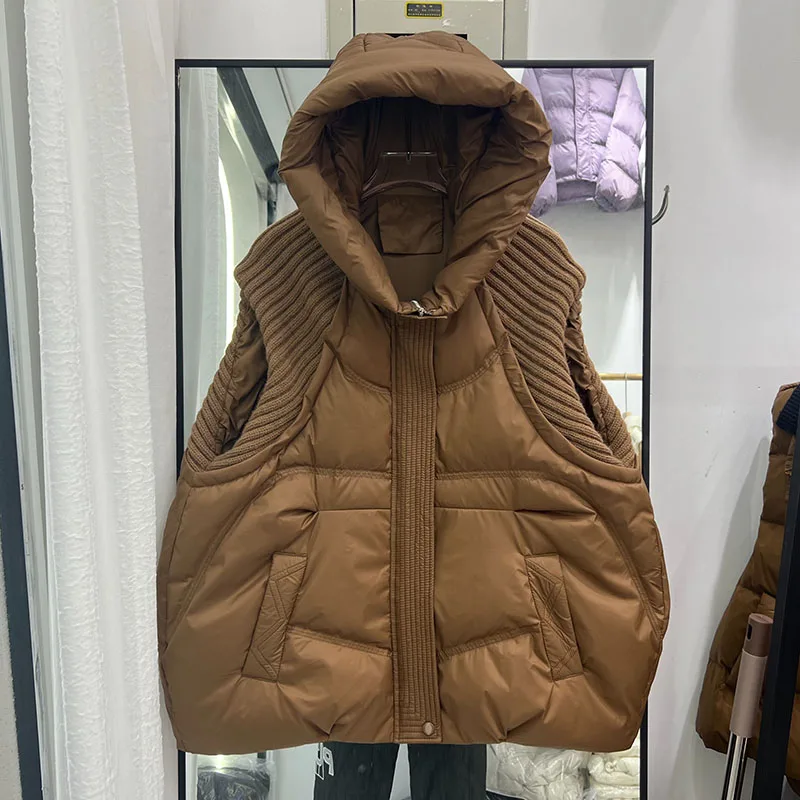 

Женский жилет 2025, новинка осени и зимы, теплый белый утиный пух с капюшоном, однотонный вязаный женский пуховик, женский пуховик H481