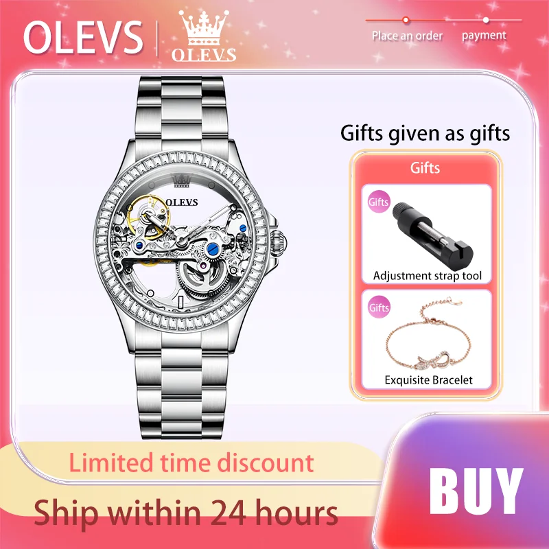 OLEVS Luxury Women's Watches Transparent Large Dial Stainless Steel Strap Waterproof Automatic Mechanical Watch Original Brand