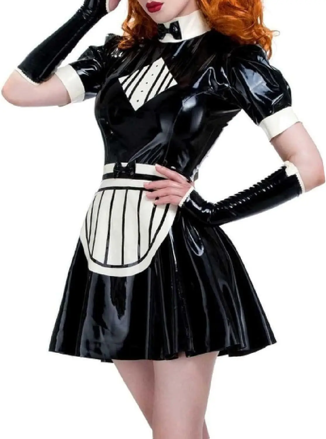 

Latex Dress with Stripes on The Apron and A Back Zipper
