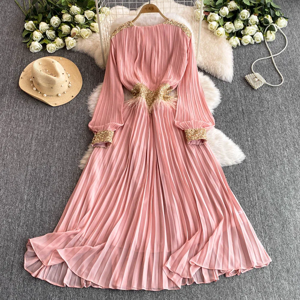 Chic Korean Loose V-neck Long Sleeve Pleated Embroidered Sequin Dress High Street Evening Party Vintage Women Autumn Clothing