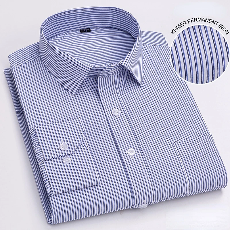 2023 Men\'s Classic Long Sleeve Print Dress Shirts Single Patch Pocket  BusinessOffice Shirt