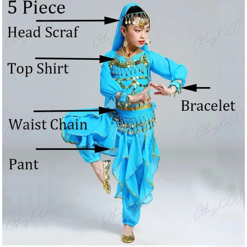 Tanz kleidung Kinder Bauchtanz Kostüm Set Mädchen indische Blumen Outfit 5 stücke (Top Gürtel Rock Schleier Kopf bedeckung)