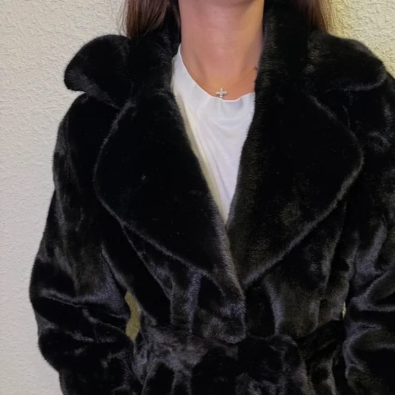 Chic Women Winter Short Faux Fur Coat Notched Lapel Belted Waist Open Front Thick Fluffy Warm New Casual Daily Outer Garment