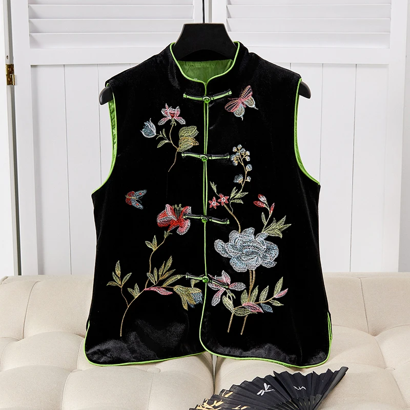 Chinese Style Women's Vest Jacket Embroidered Flowers Butterfly Beaded Button Sleeveless Top Autumn Winter Vintage Elegant Vests