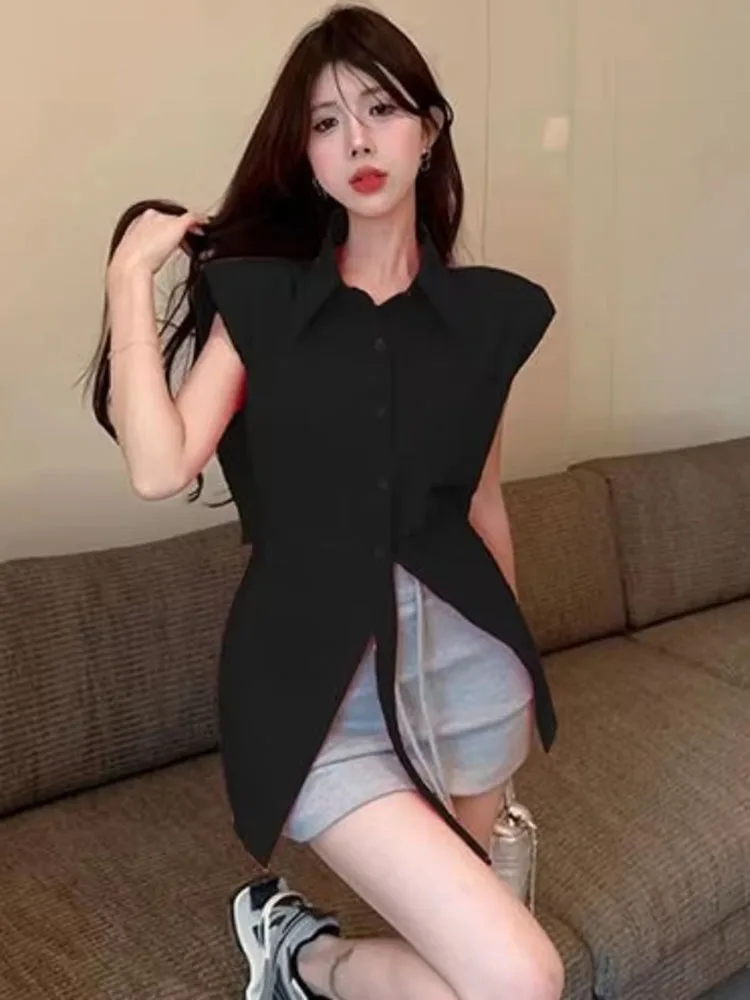 Women's 2026 Summer Asymmetric Sleeveless Shirt Padded Shoulder Tie Front Vest Blouse Loose Casual Office Lady Crop Top