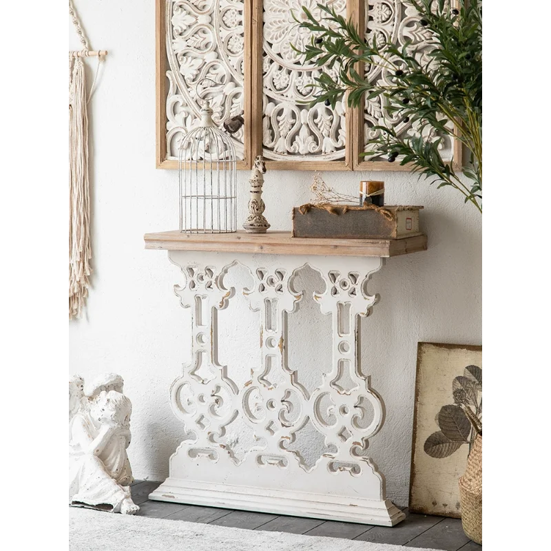 

Custom-made French-style retro porch table, small narrow case, corridor side table, old wooden sofa back.