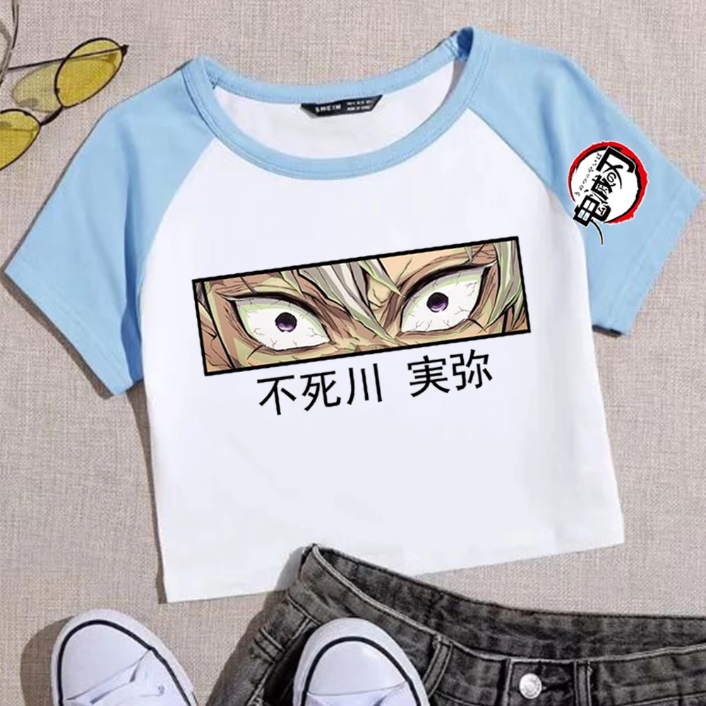 شيطان القاتل شينازوجاوا سانيمي عيون المحاصيل القمم تي شيرت الفتيات أزياء المرأة س الرقبة قصيرة الأكمام هدية
