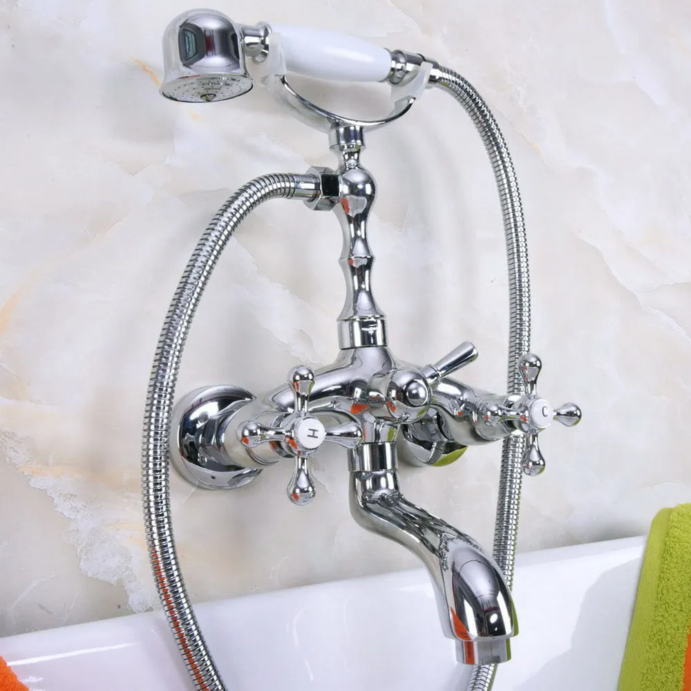 

Bathtub Faucets Chrome Brass Shower Faucets Dual Handle Wall Mounted Bath And Shower Faucet With Handheld Showers