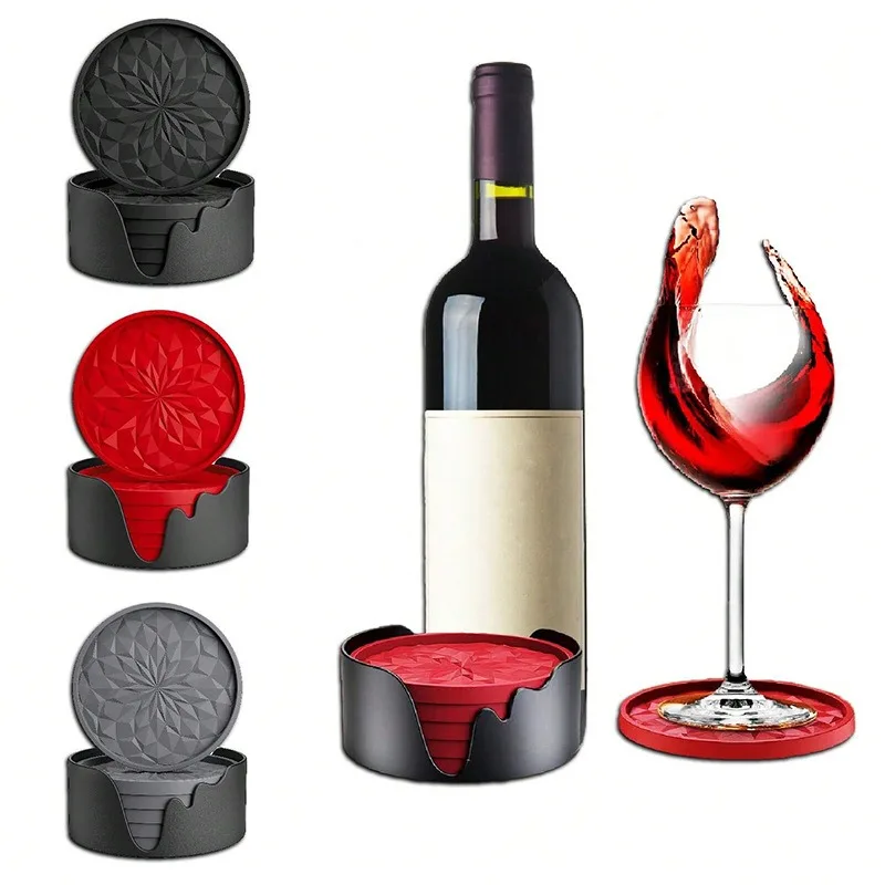 A Set Cross-border Silicone Coasters 6 Pcs with Base Beverage Red Wine Glass Coasters, Thickened Non-slip Rhombus Non-stick Tray