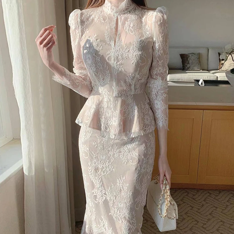 

Chic Spring Lace irt with High Waist Skirt f Body with Lotus Le Two-Piece Set Korean Sle Long Sve Dr