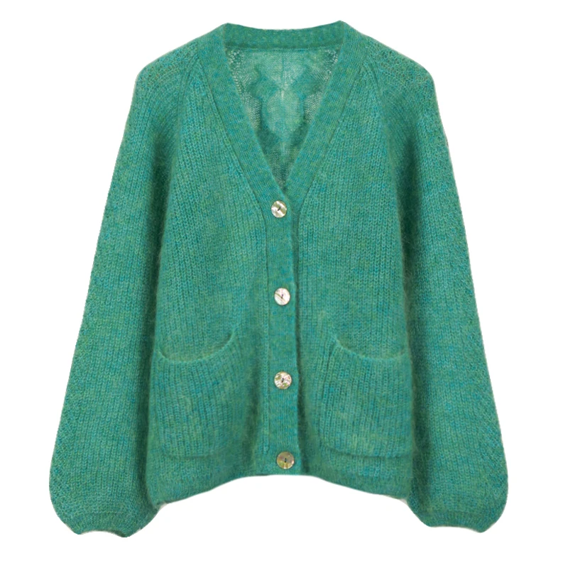 BAHTLEE-Cardigan lavorato a maglia Mohair da donna, cappotto lungo in lana con maniche a sbuffo, scollo a v Casual, tasca con bottoni, stile