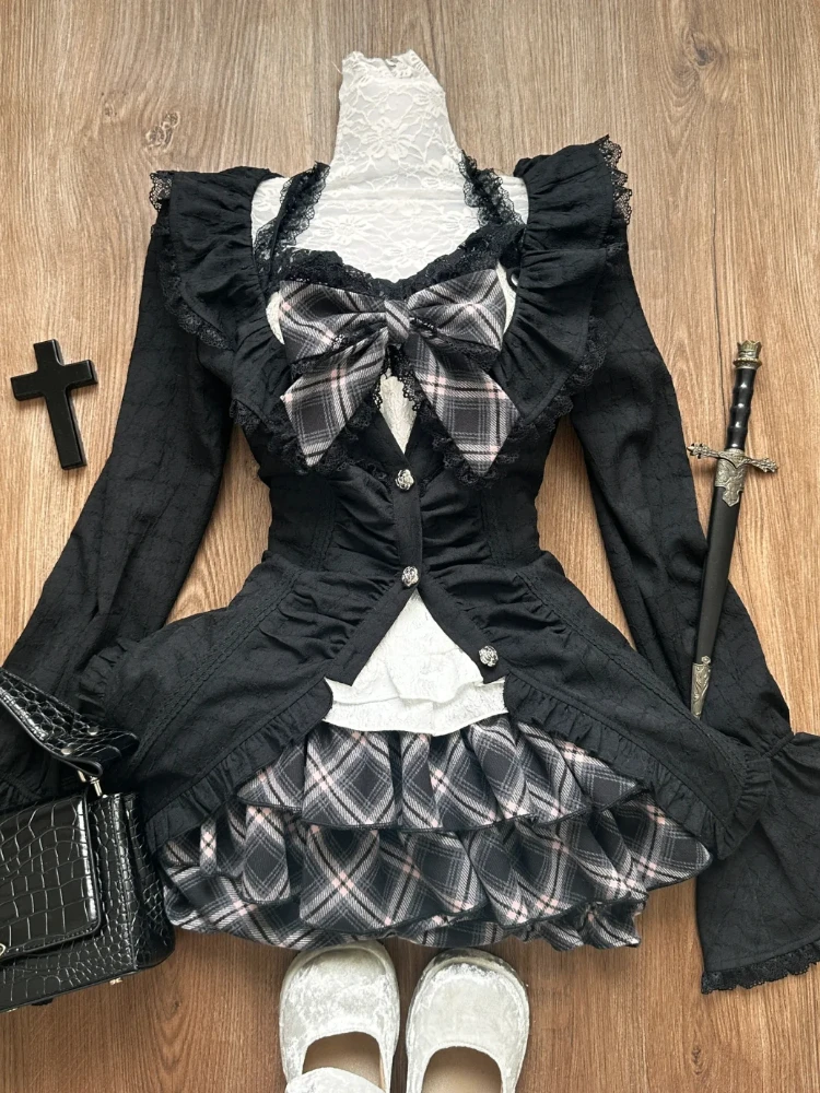 2000s American Vintage Suits Women Design Black Shirts Long Sleeve Cardigan + High Waist Plaid Skirt 3 Piece Suit Korean Fashion