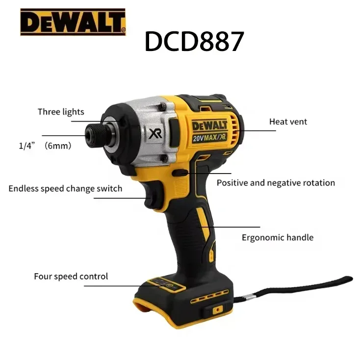 بطارية ديوالت DCD887 20 فولت، محرك بدون فرشاة، سرعة 1/43250 دورة في الدقيقة، قدرة تحمل طويلة، أداة كهربائية