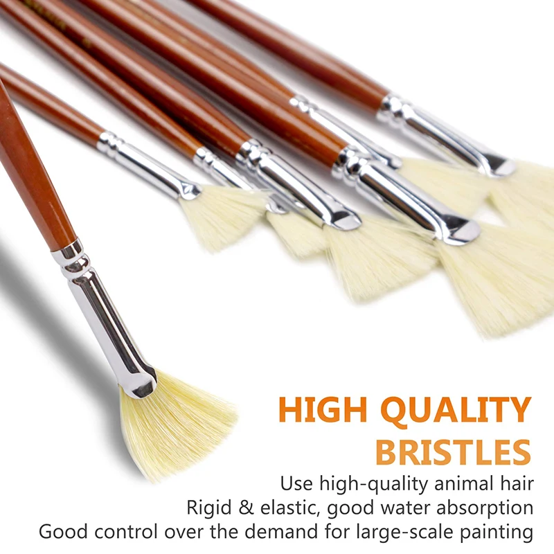7/14pcs Fan Artist Bristle Paint Brush Set Natural Hog Bristle Hair Anti-Shedding Brush Tips Long Wooden Handle For Acrylic