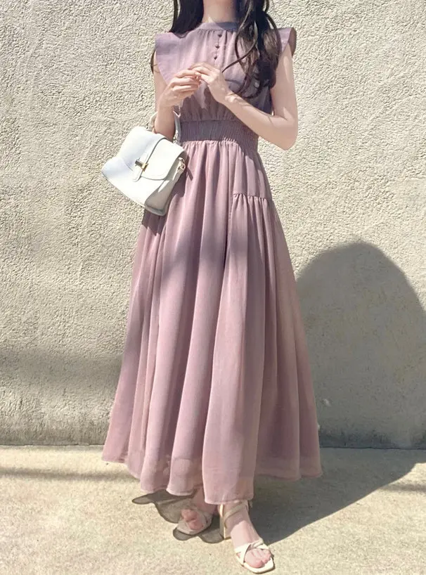 

Японское элегантное платье с рюшами, однотонное, с завышенной талией, стройнящее, длинное