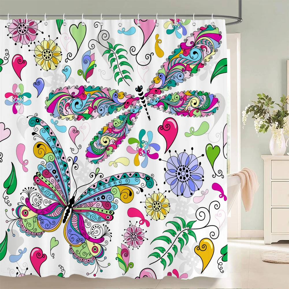 

3D Butterfly Pattern Shower Curtains Flowers Bath Curtain With Hooks Waterproof Polyester Fabric Printing Curtain for Bathroom